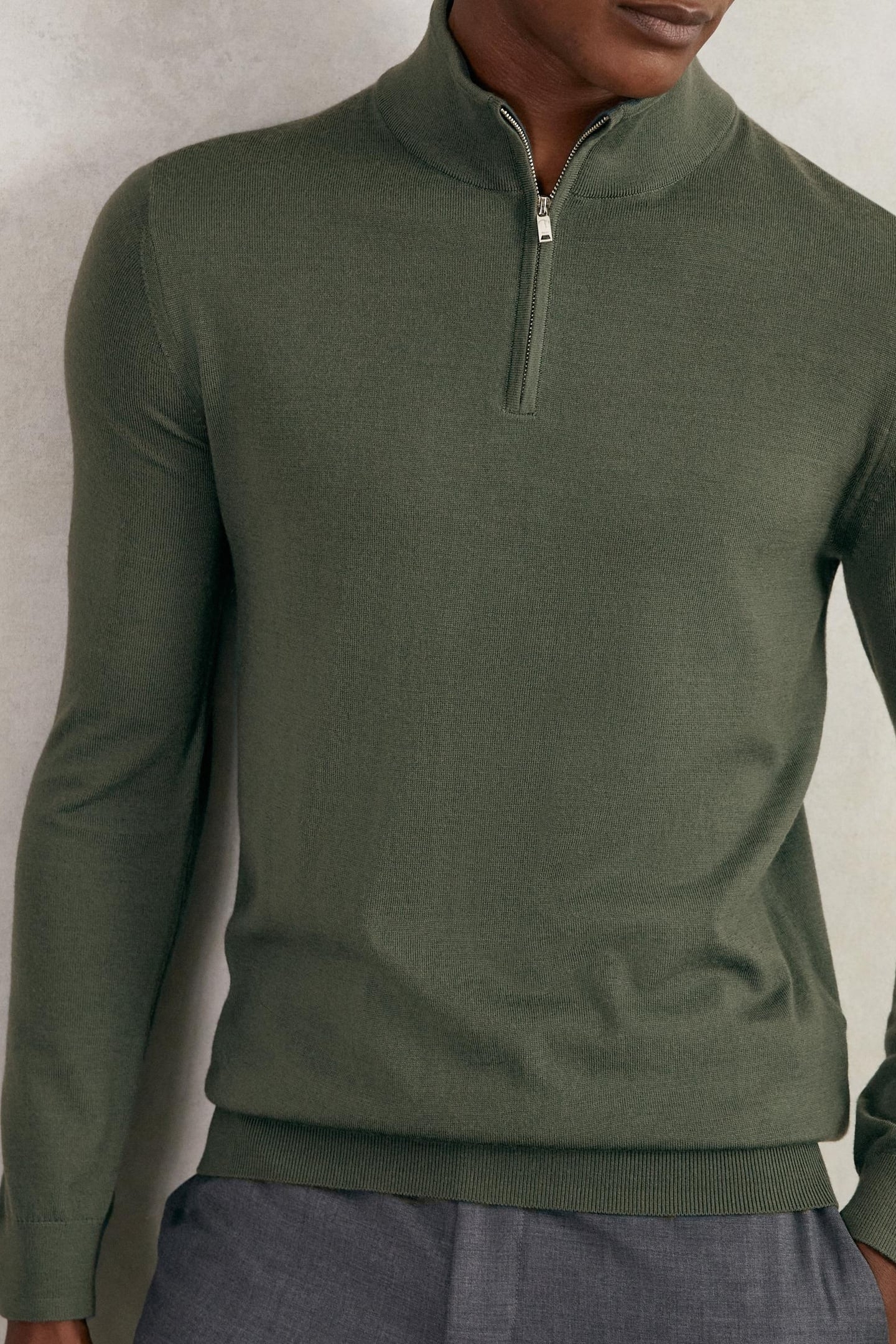 LS HALF ZIP FUNNEL MERINO WOOL JUMPER KALE GREEN 1