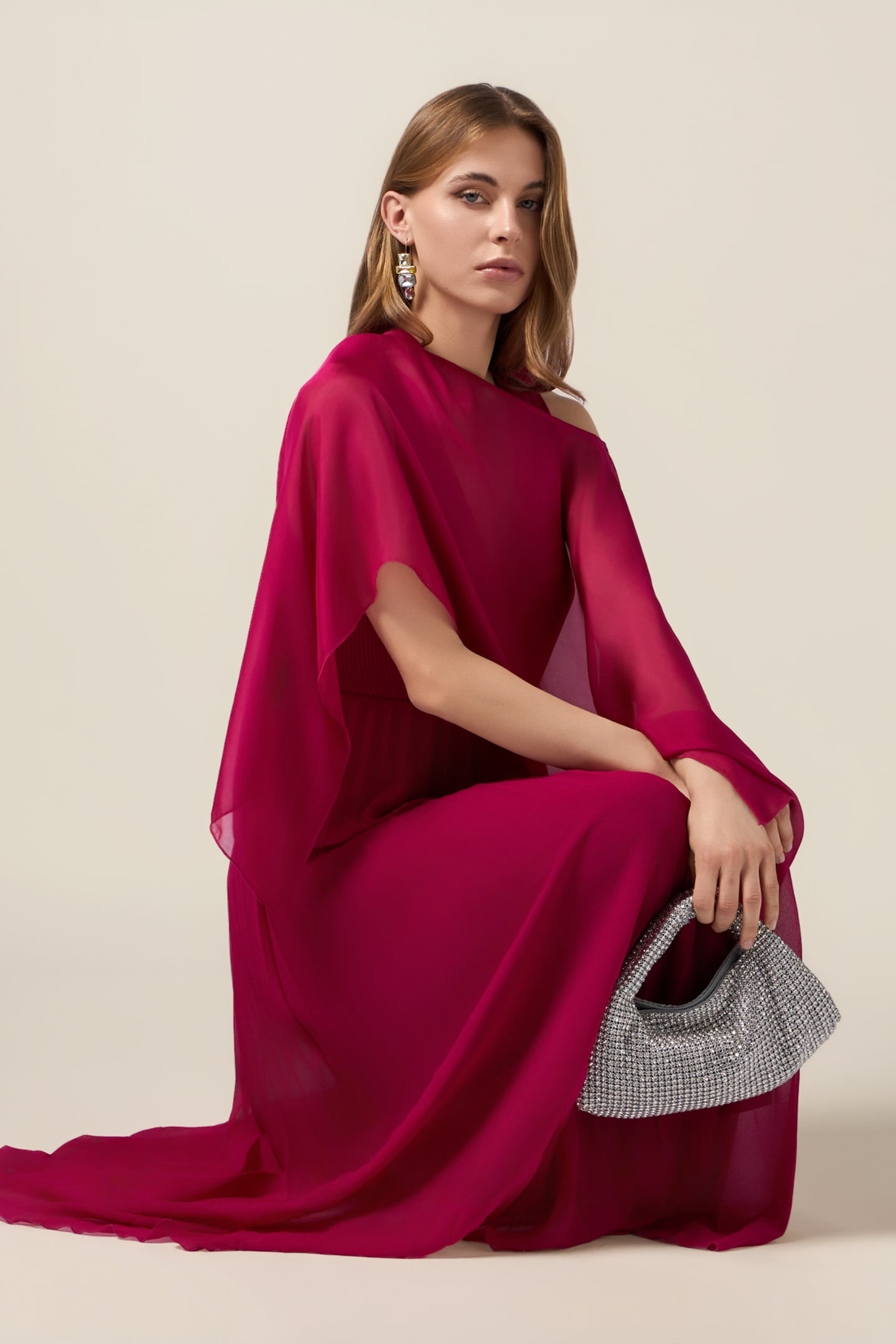LONG PLEATED DRESS WITH RUFFLE FUCHSIA 1