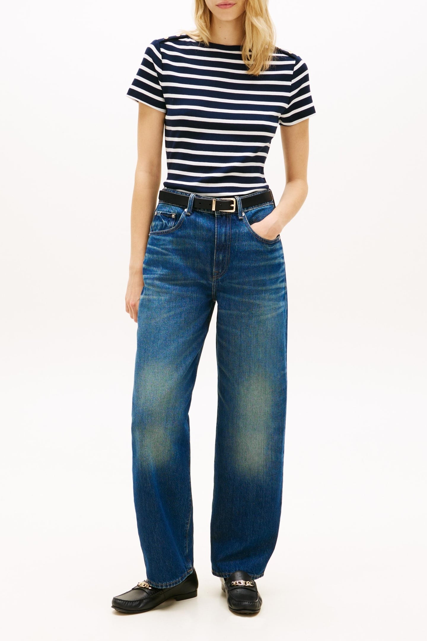 GOLD BUTTON SLIM SS TEE BRETON STRIPE DARK NIGHT/ECRU 1