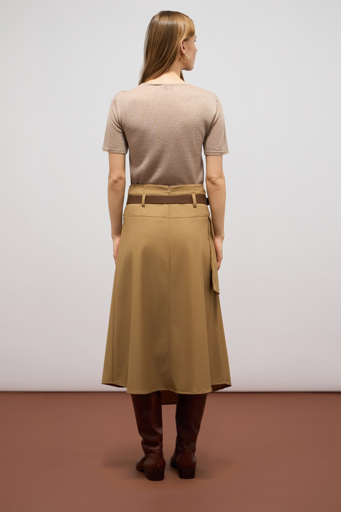 FLUID MIDI A-LINE SKIRT WITH PANEL BROWN 3