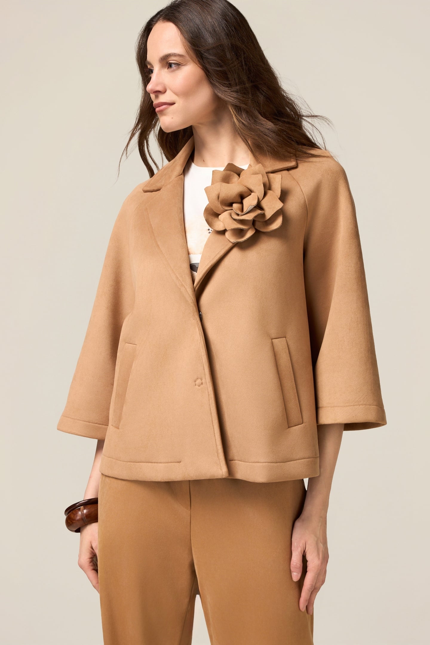 SUEDE-EFFECT CABAN COAT WITH BROOCH BEIGE 1