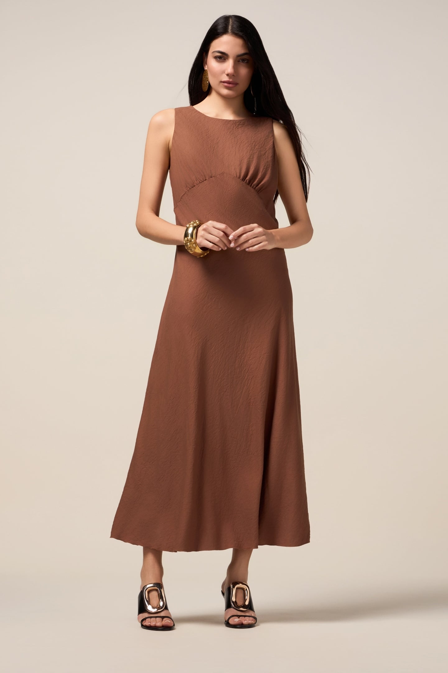 FLUID LONG DRESS WITH DRAPING BROWN 1
