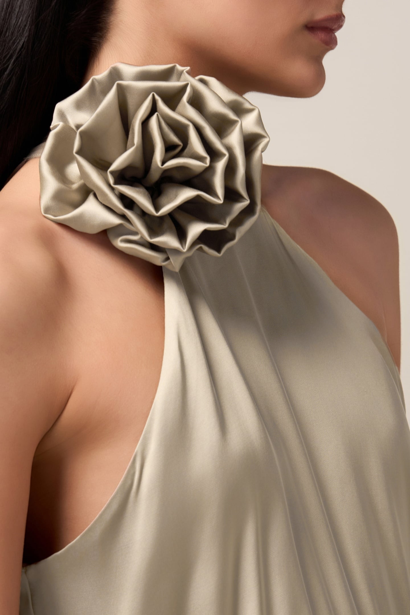 LONG SATIN DRESS WITH FLOWER BEIGE 4