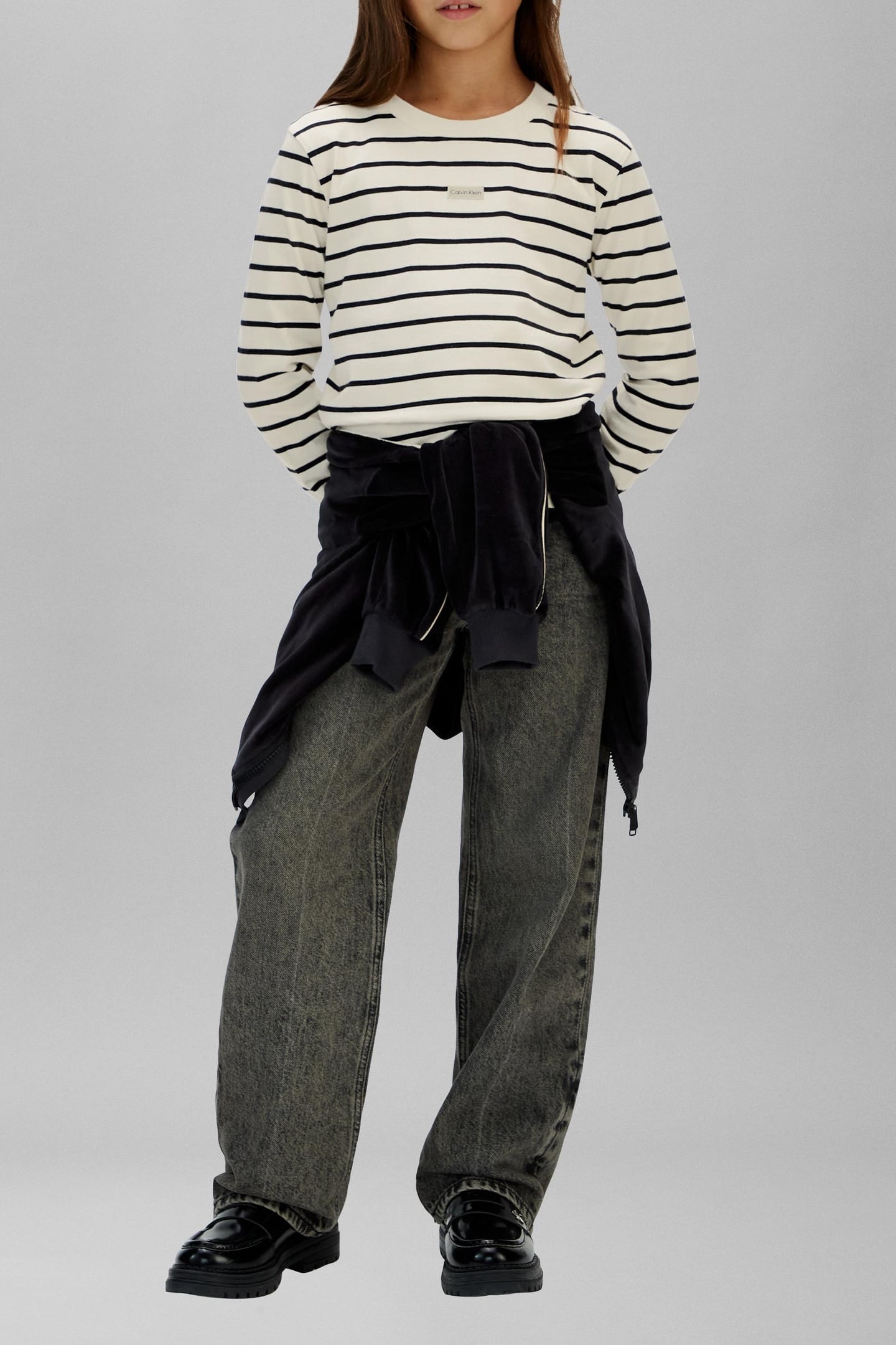 GIRLS YD STRIPE L/S T-SHIRT WHITECAP GRAY/ CK BLACK 1