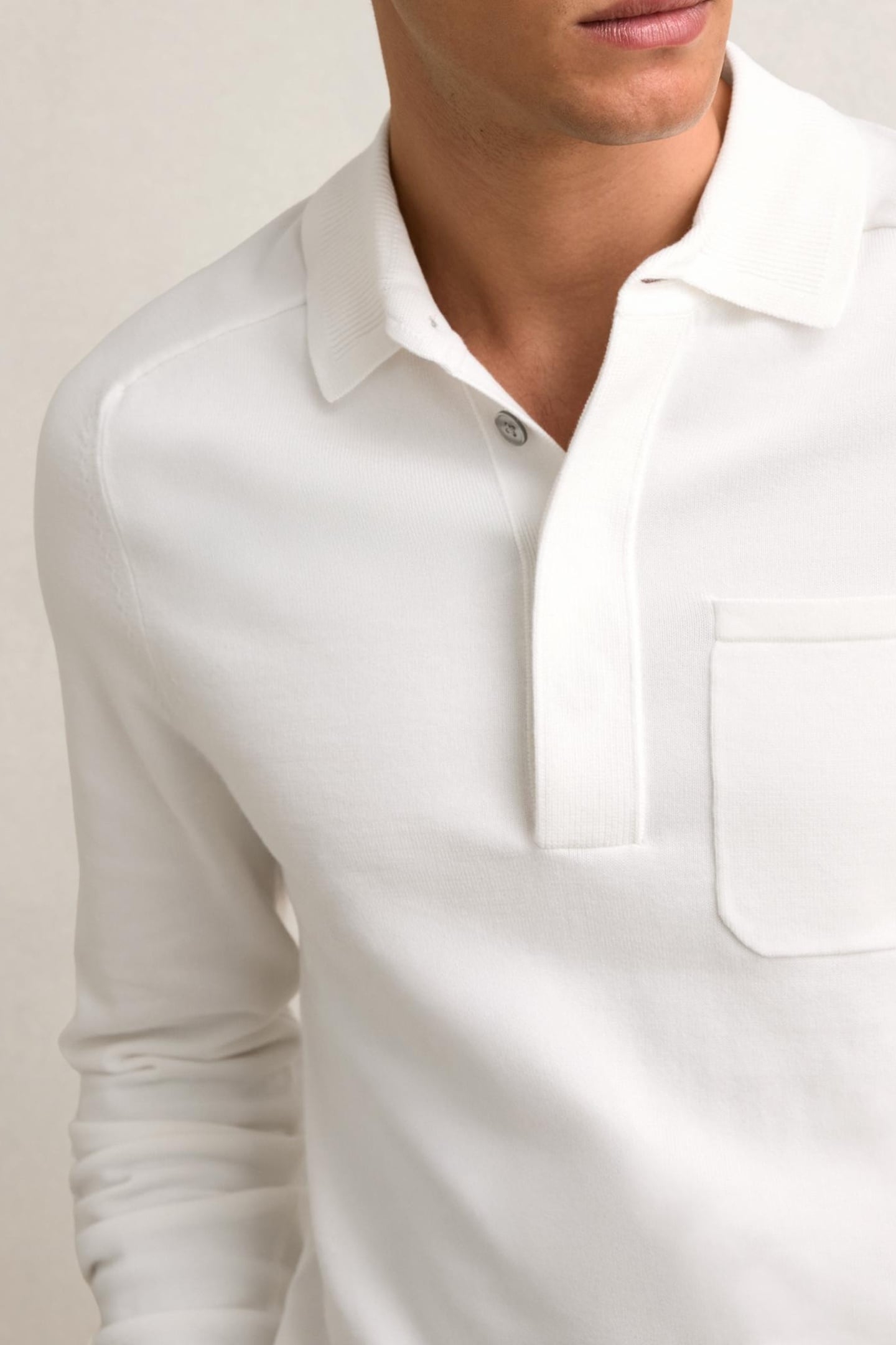 LS CONCEALED BUTTON PLACKET RIBBED COLLAR POLO WHITE 6