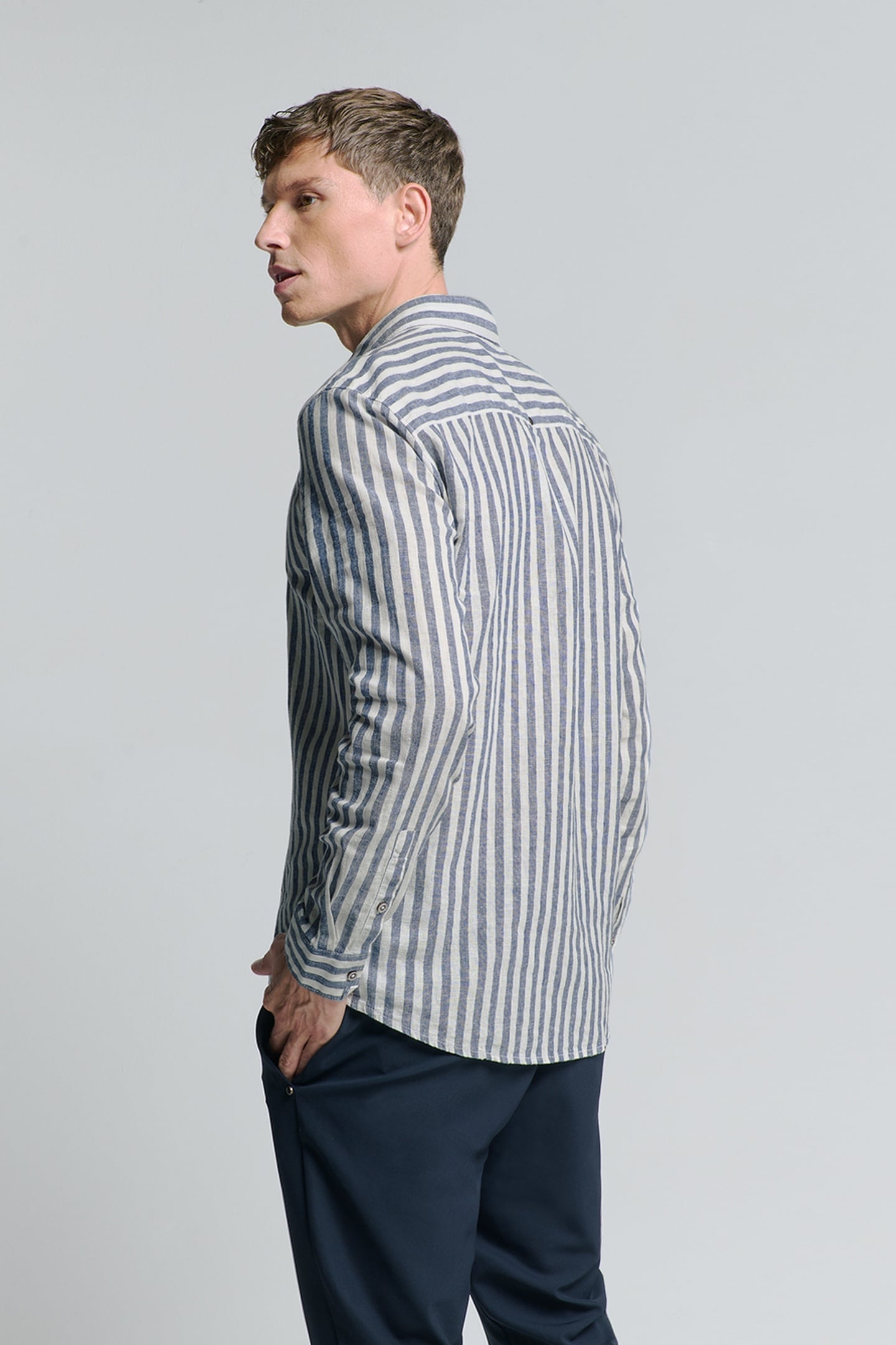 SHIRT VERICAL BIG STRIPES WITH LINEN INDIGO BLUE 4