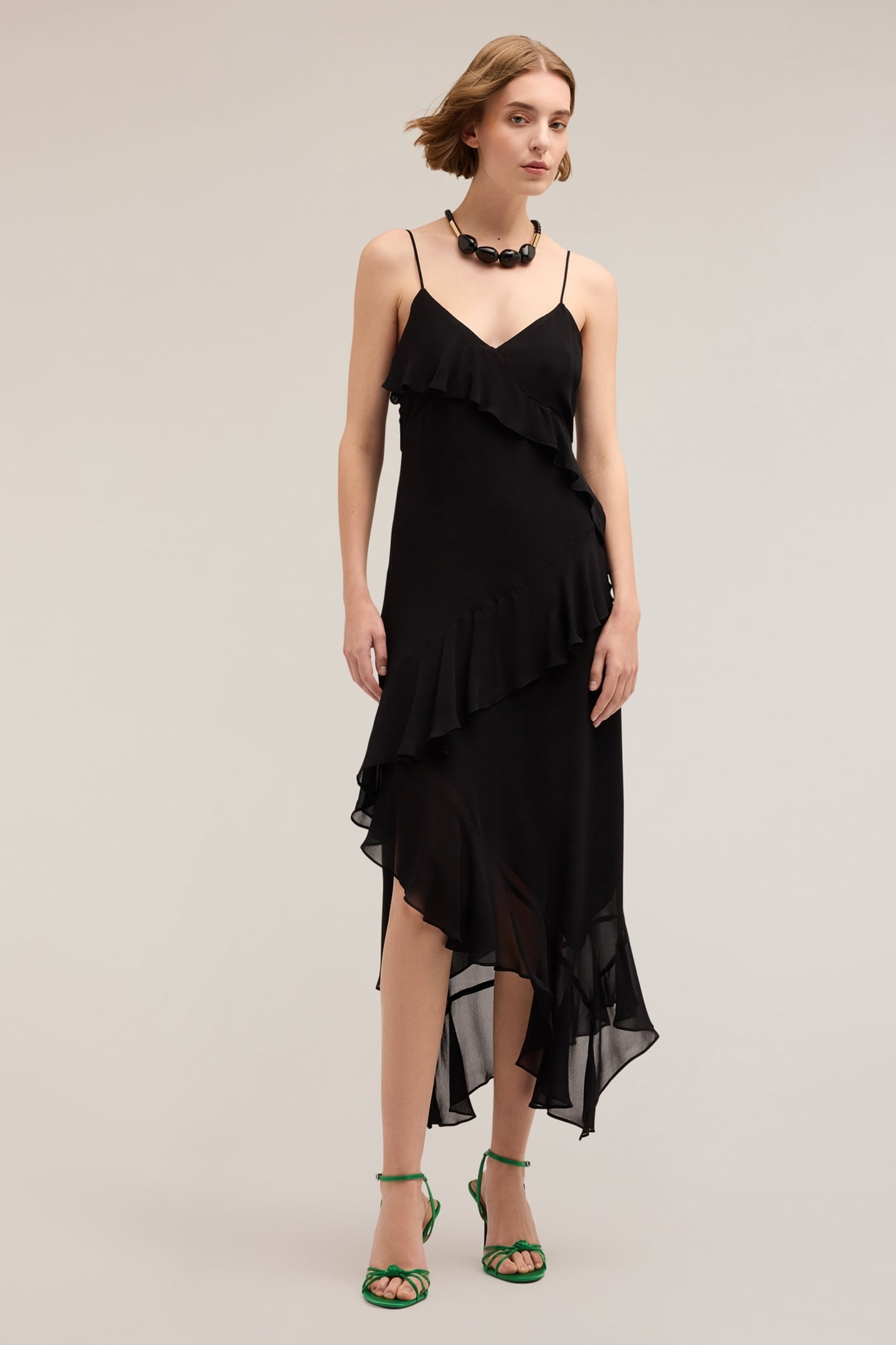 FLOUNCED MIDI DRESS WITH RUCHING BLACK 1