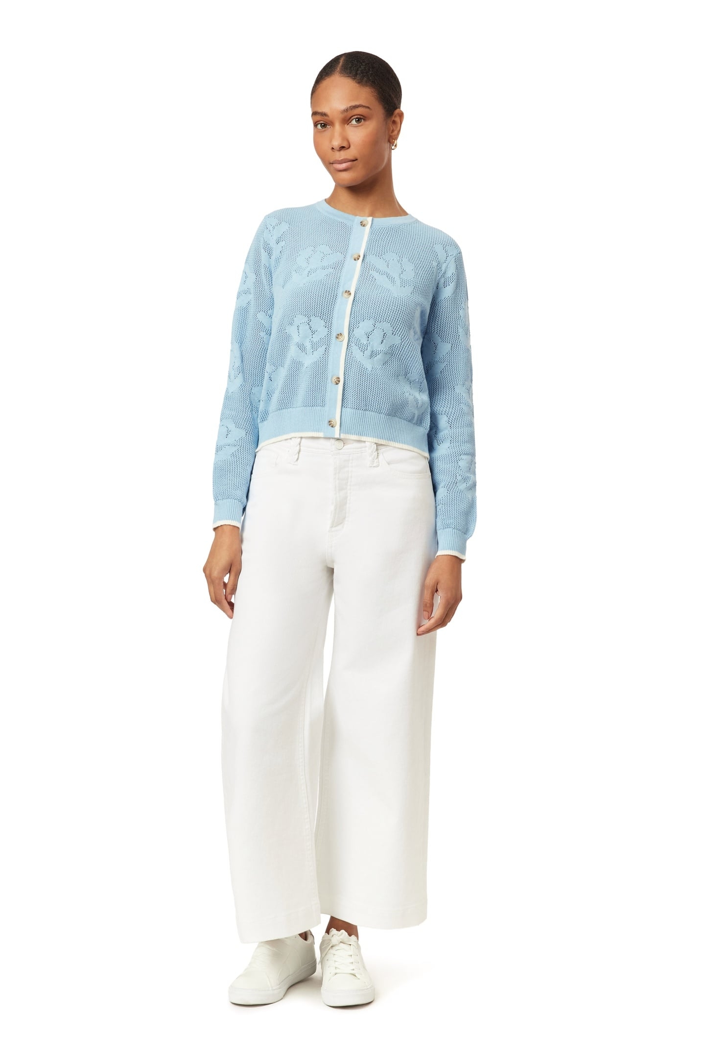 CREW NECK CARDIGAN CERULEAN OPEN KNIT FLORAL 2