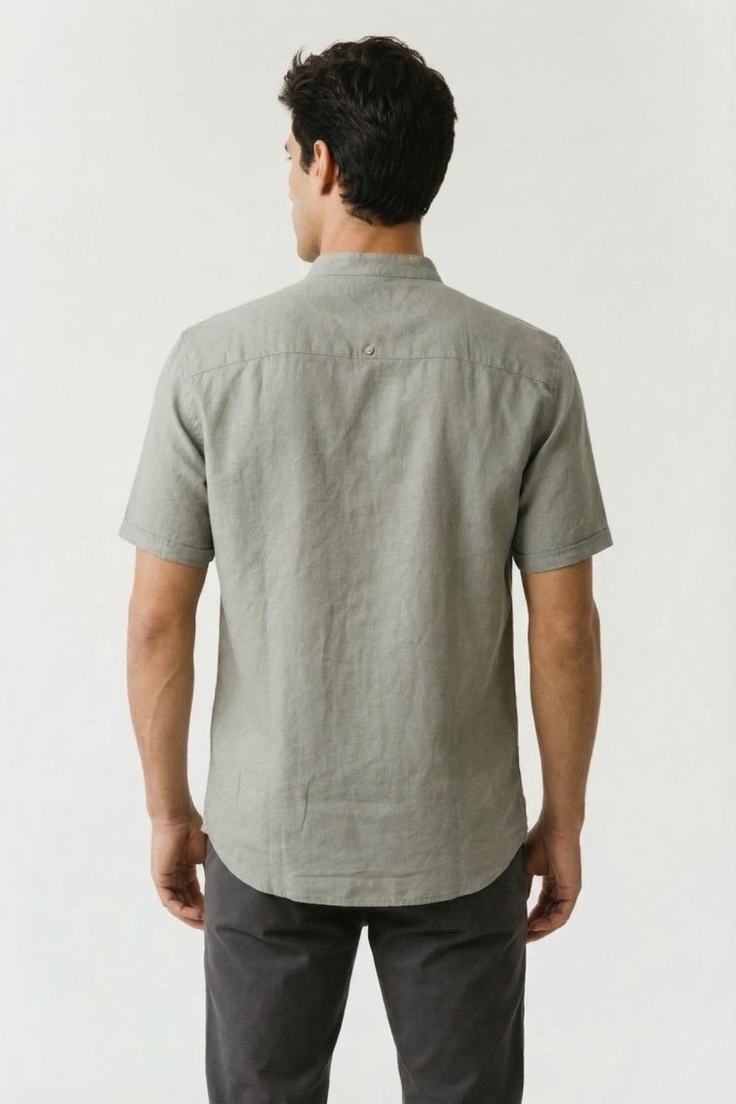 SHIRT SHORT SLEEVE GRANDDAD SOLID WITH LINEN LIGHT ARMY 3