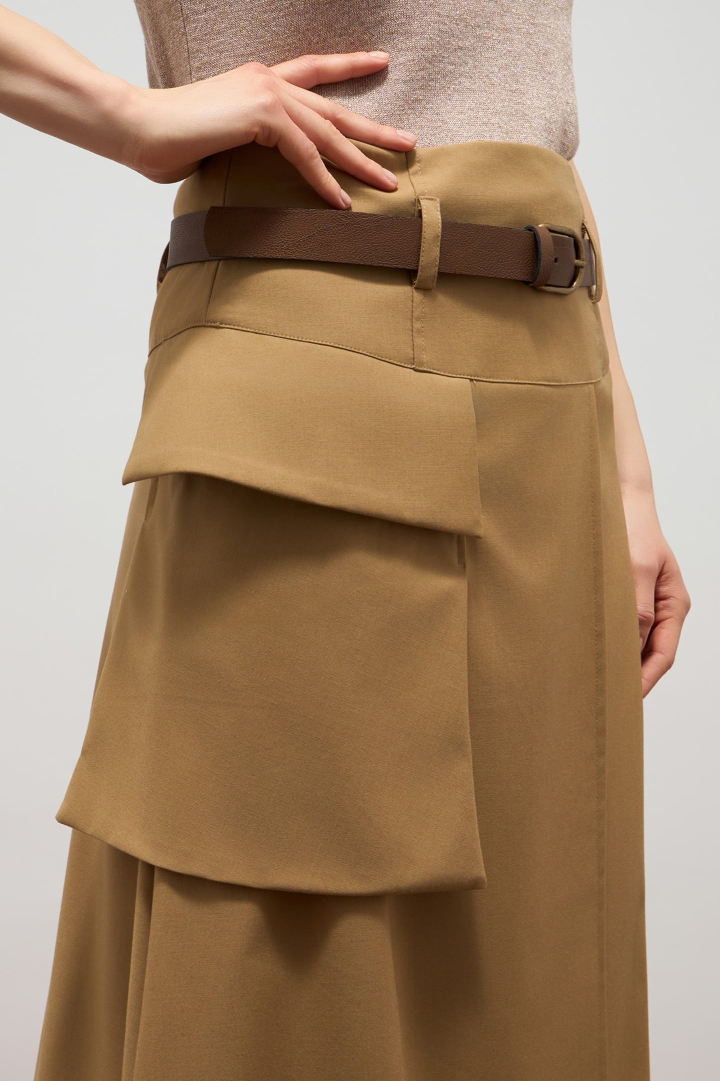 FLUID MIDI A-LINE SKIRT WITH PANEL BROWN 5