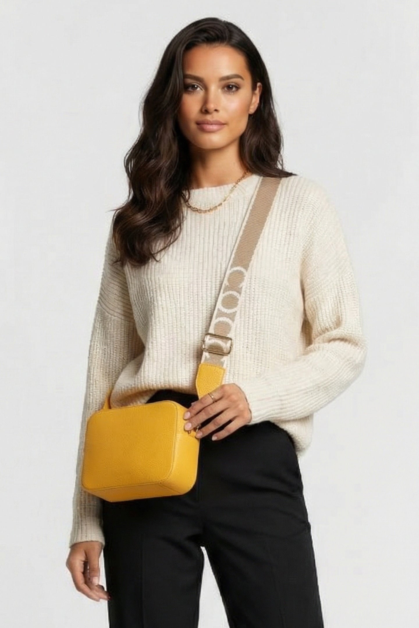 LEATHER CAMERA CROSS BODY BAG WITH LOGO STRAP IN YELLOW 1