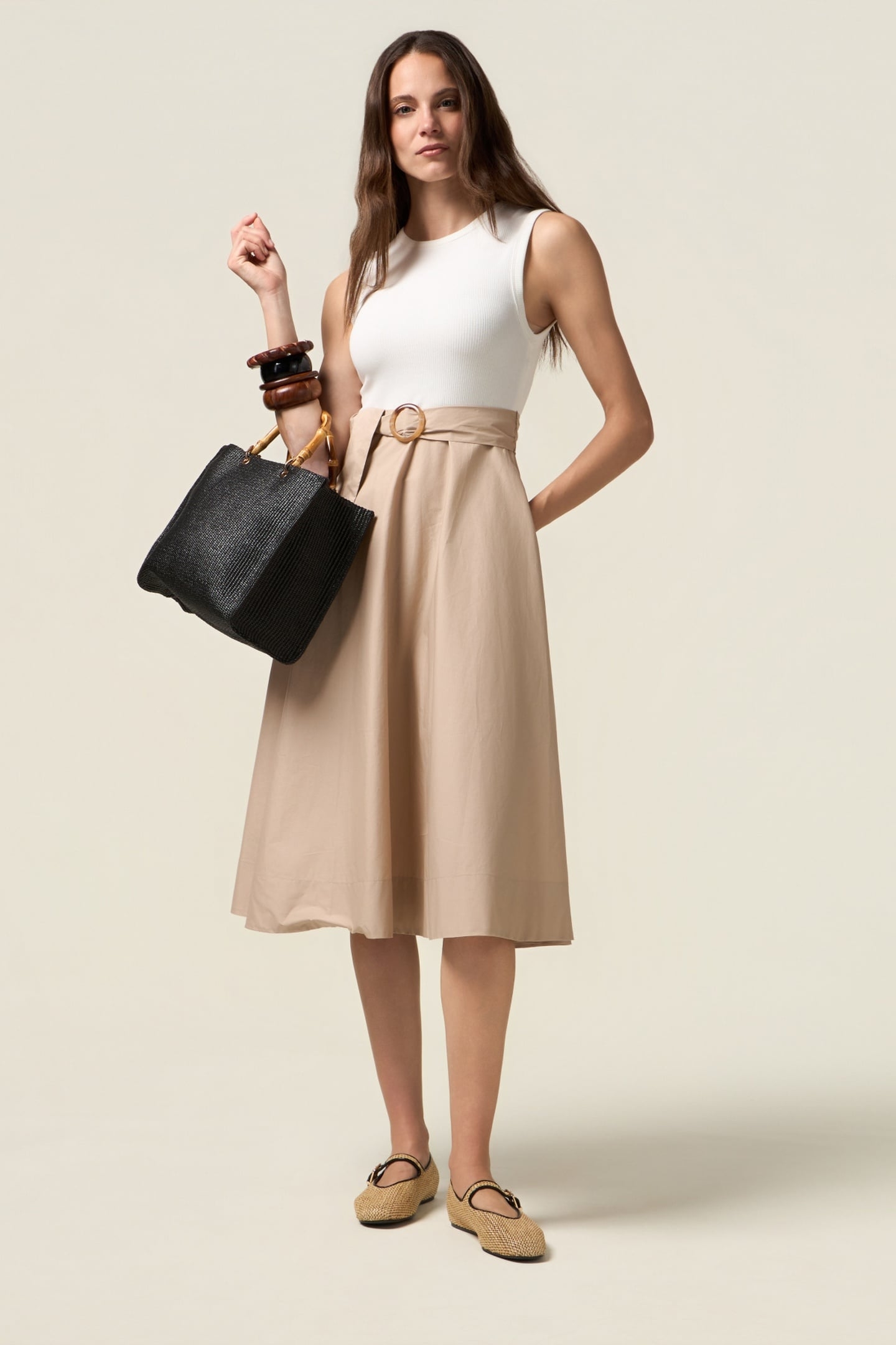 TWO-TONE DRESS WITH BELT BEIGE 1