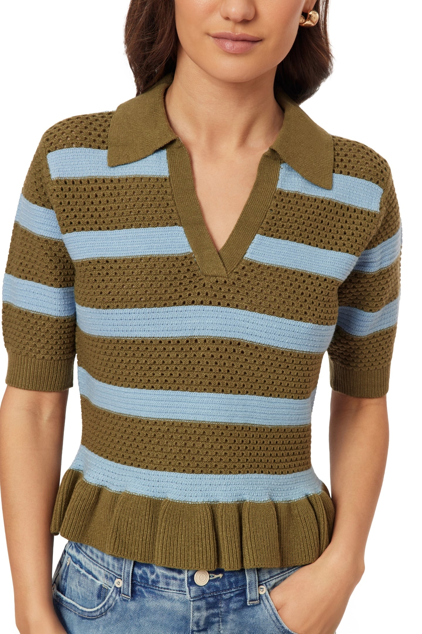 POINTELLE PEPLUM TEE GREEN MOSS/CERULEAN 2