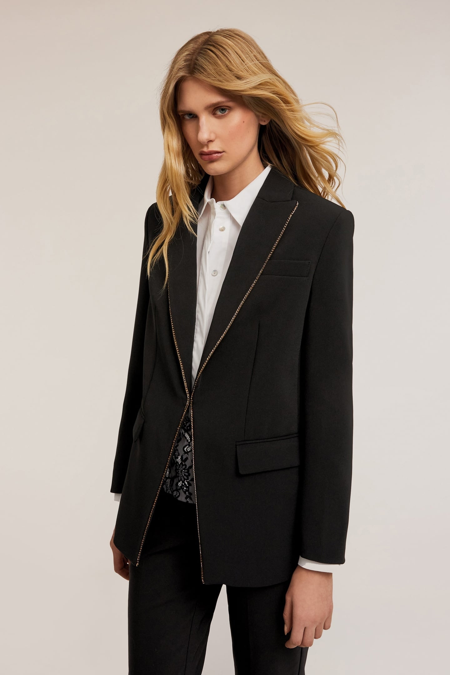 CREPE FABRIC JACKET WITH METAL CHAIN DETAIL BLACK 1