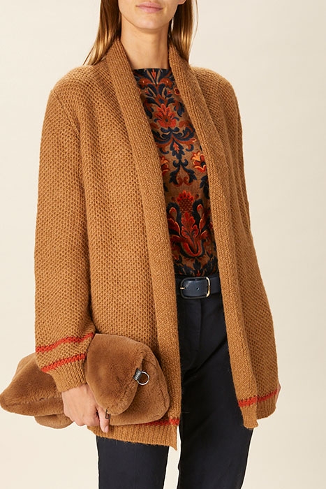 SHAWL NECK CARDI STRIPE LS BROWN 2