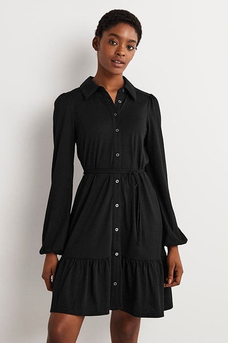 TIERED JERSEY MINI SHIRT DRESS BLK 1
