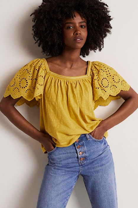 SQUARE NECK WOVEN SLEEVE TOP MUS 1