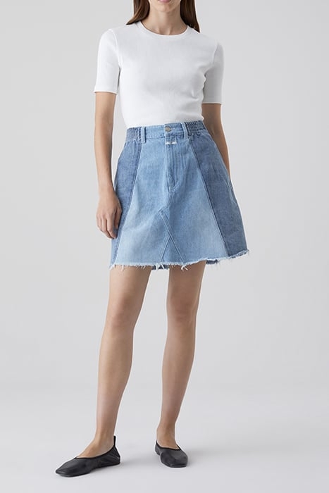 WOMEN DENIM PATCHWORK SKIRT MID BLUE 3