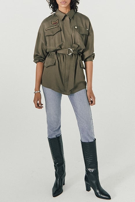 KHAKI TENCEL SAFARI JACKET, ARMY BADGES AND BELT 2