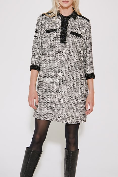 BLACK AND WHITE FRINGED TWEED SHIRT DRESS 1