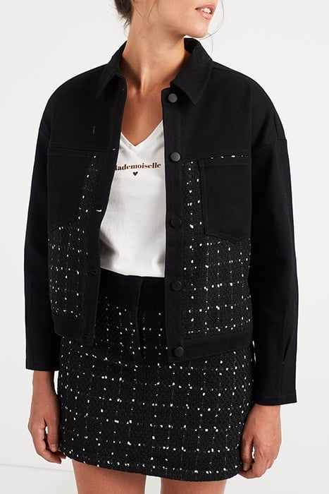 BLACK DENIM AND TWEED MIXED FABRIC JACKET 4