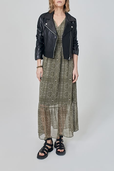 KHAKI DECORATIVE PRINT DOTTED SWISS LONG DRESS 4