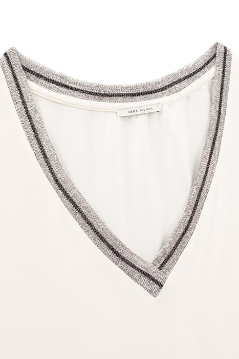 ECRU MIXED FABRIC TOP WITH STRIPED RIBBED V NECK 7