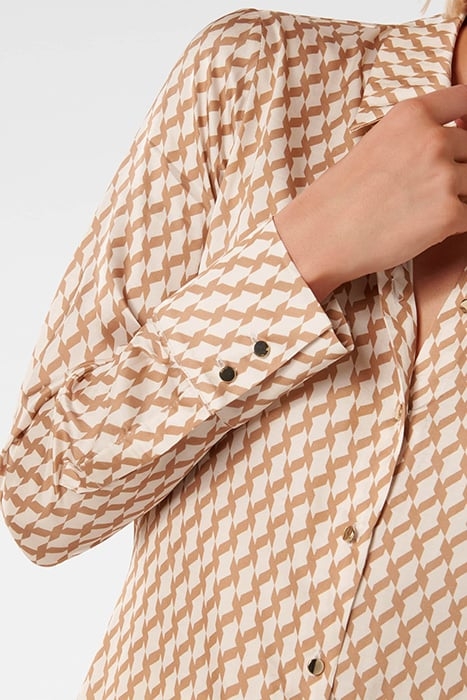 LILA LONGLINE PRINTED SATIN SHIRT TAN PORTER GEO 6