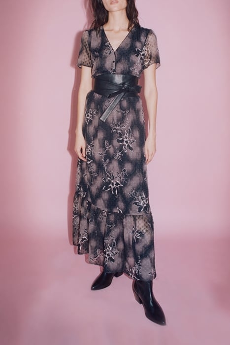 BLACK LONG DRESS WITH ECRU DANDY FLOWER PRINT 6