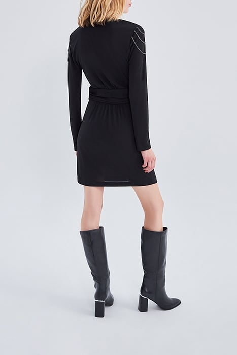 WOMEN'S SHORT BLACK BELTED V-NECK DRESS 4