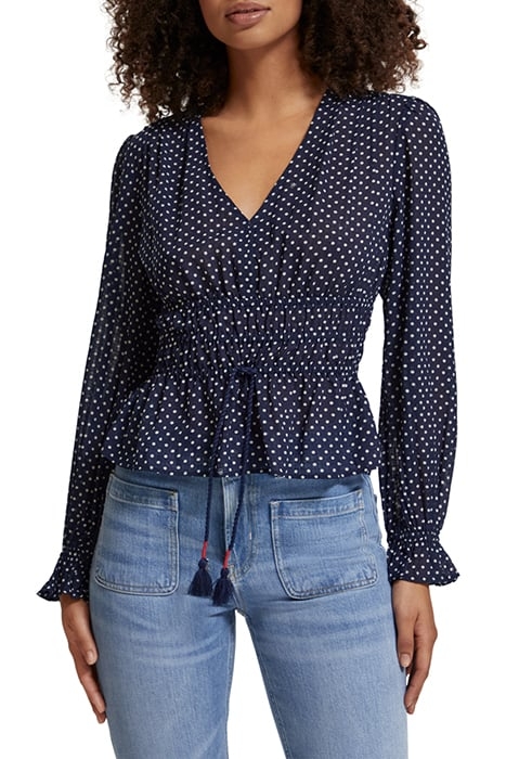 V-NECK TOP WITH ELASTIC WAIST POLKA NAVY BLUE 1