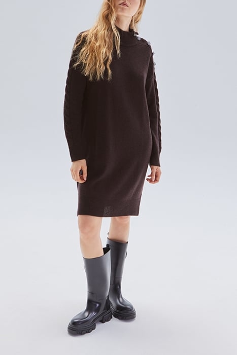 CHOCOLATE KNIT DRESS, ENGRAVED BUTTONS ON SHOULDER CHOCOLATE 3