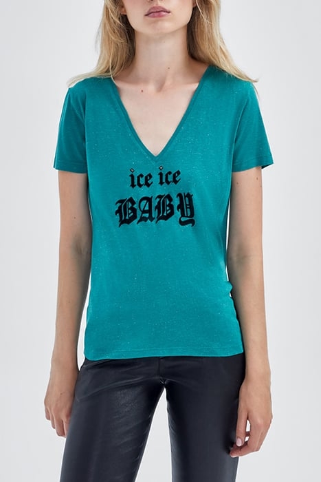 GREEN GLITTERY T-SHIRT WITH FLOCKED SLOGAN GREEN 1