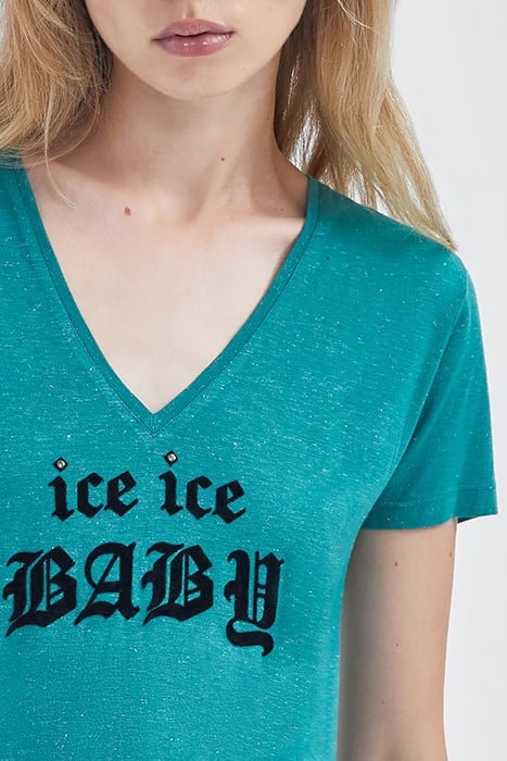 GREEN GLITTERY T-SHIRT WITH FLOCKED SLOGAN GREEN 4