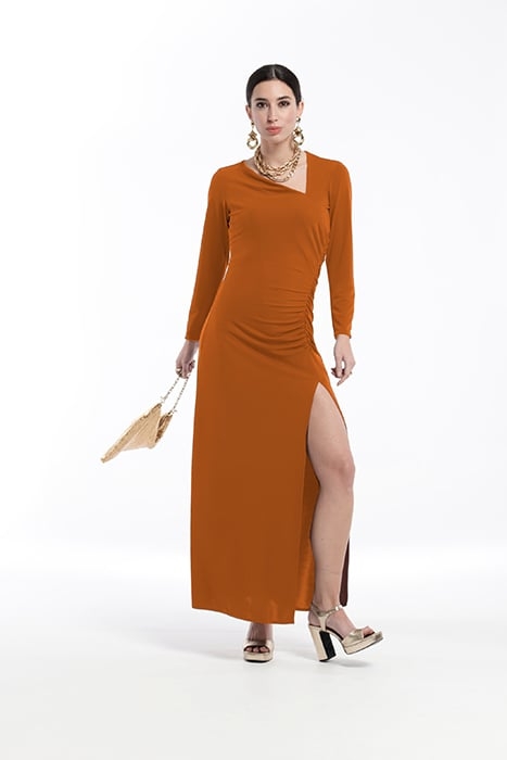 SMOOTH KNIT LONG DRESS WITH ASYMMETRIC NECKLINE ORANGE 1
