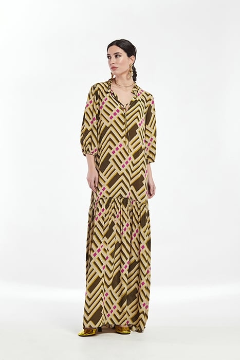 PRINT VISCOSE V NECK LINE LONG DRESS GREEN 1