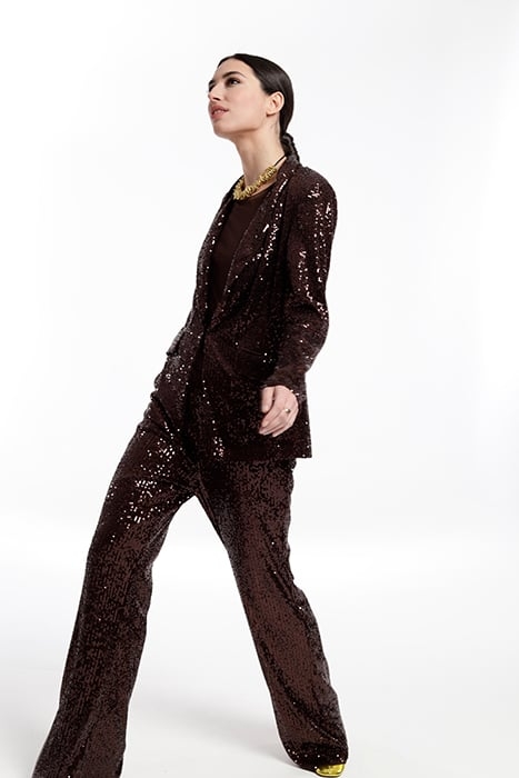 SPARKLY SEQUINS TUXEDO NECK JACKET BROWN 1