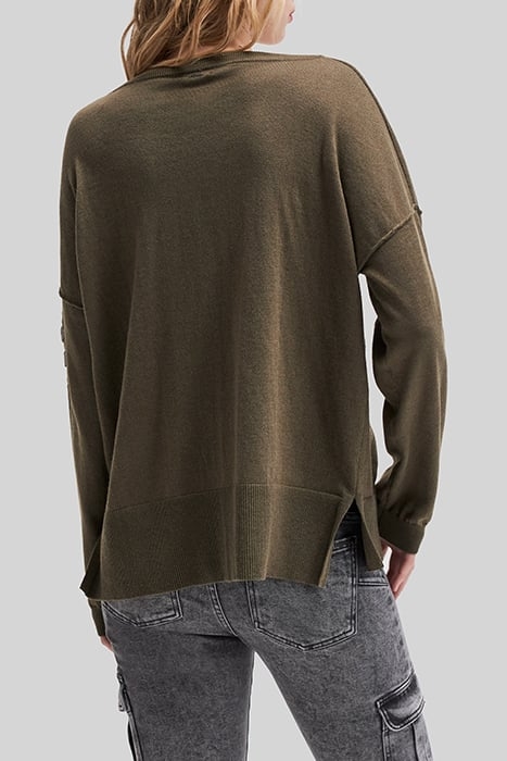 KHAKI HERRINGBONE BOAT-NECK JUMPER WITH JEWELS AND STITCHES 2