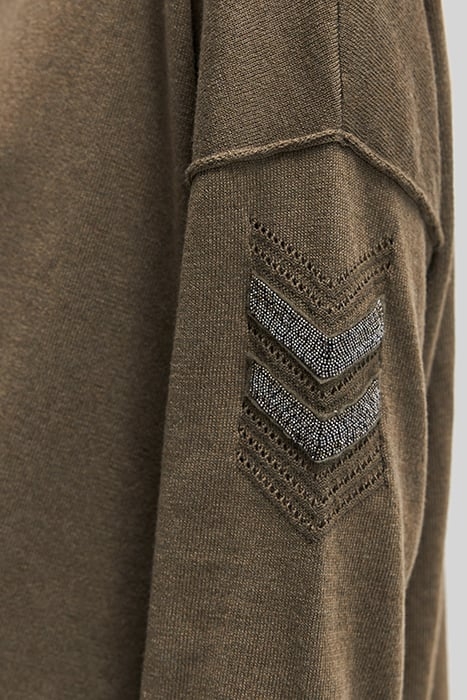 KHAKI HERRINGBONE BOAT-NECK JUMPER WITH JEWELS AND STITCHES 5