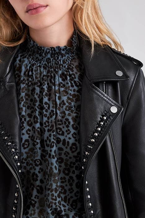 BLACK WOVEN LEATHER BIKER-STYLE JACKET WITH BEADS 7