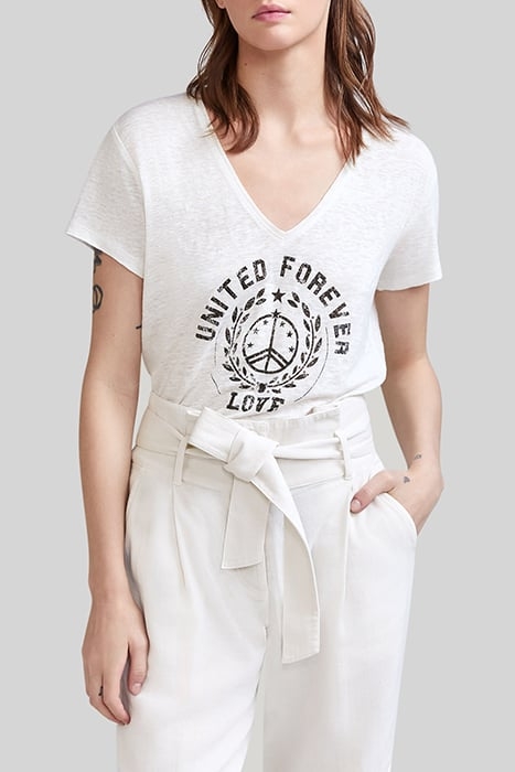 WHITE T-SHIRT WITH PEACE SYMBOL BADGE 1