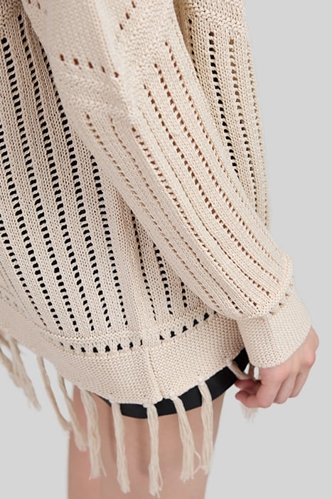ECRU OPENWORK KNIT CARDIGAN WITH FRINGED EDGES 6