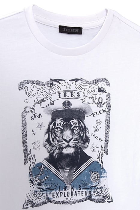 BOYS' WHITE ORGANIC COTTON T-SHIRT WITH TIGER-SAILOR IMAGE 3