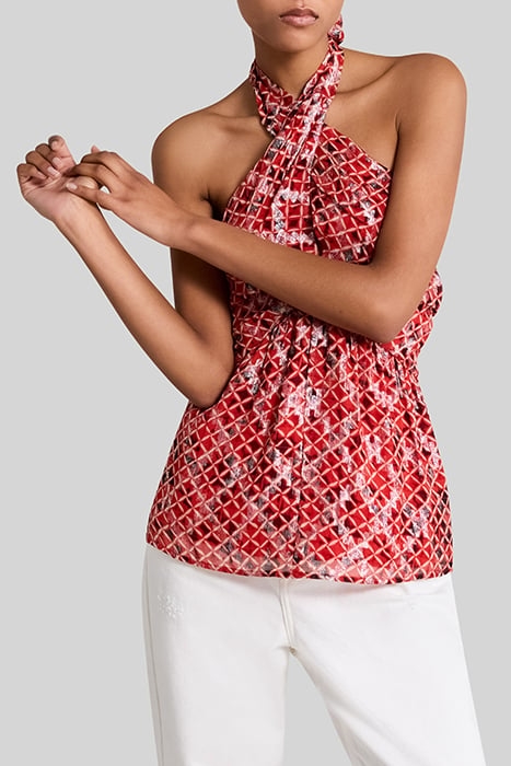 POPPY RED BACKLESS TOP WITH CHECK PRINT 1