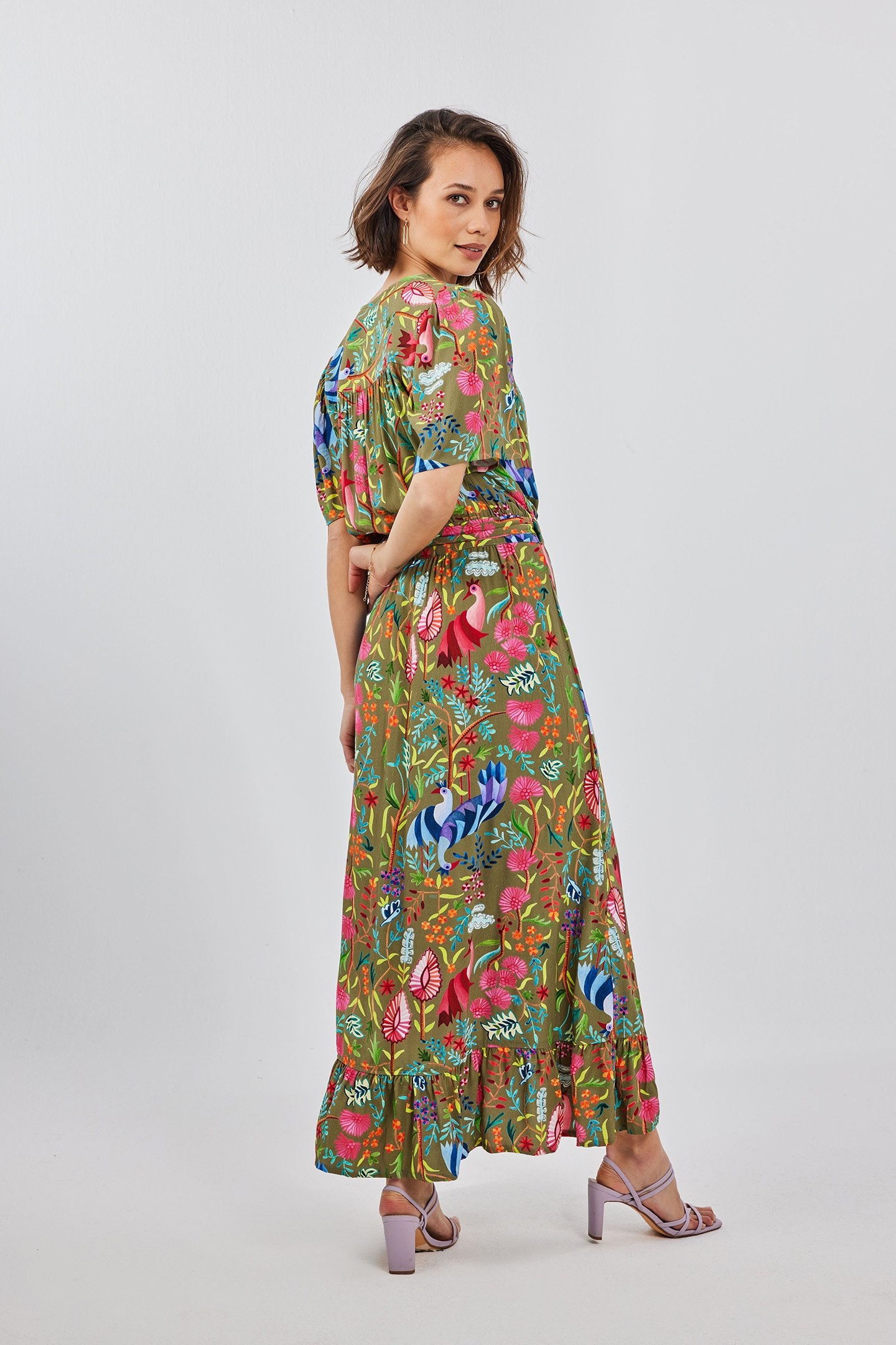 WRAP DRESS GINGER ALOE GREEN WITH BIRD GARDEN PRINT 2