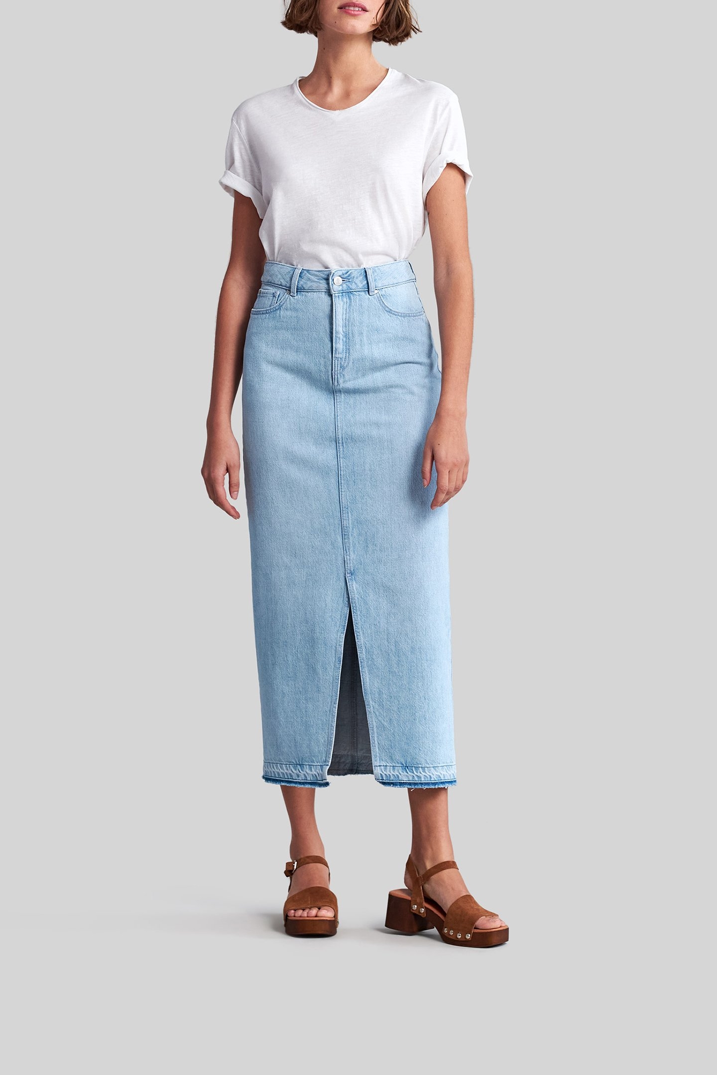 LIGHT BLUE ORGANIC COTTON DENIM MIDI SKIRT 3