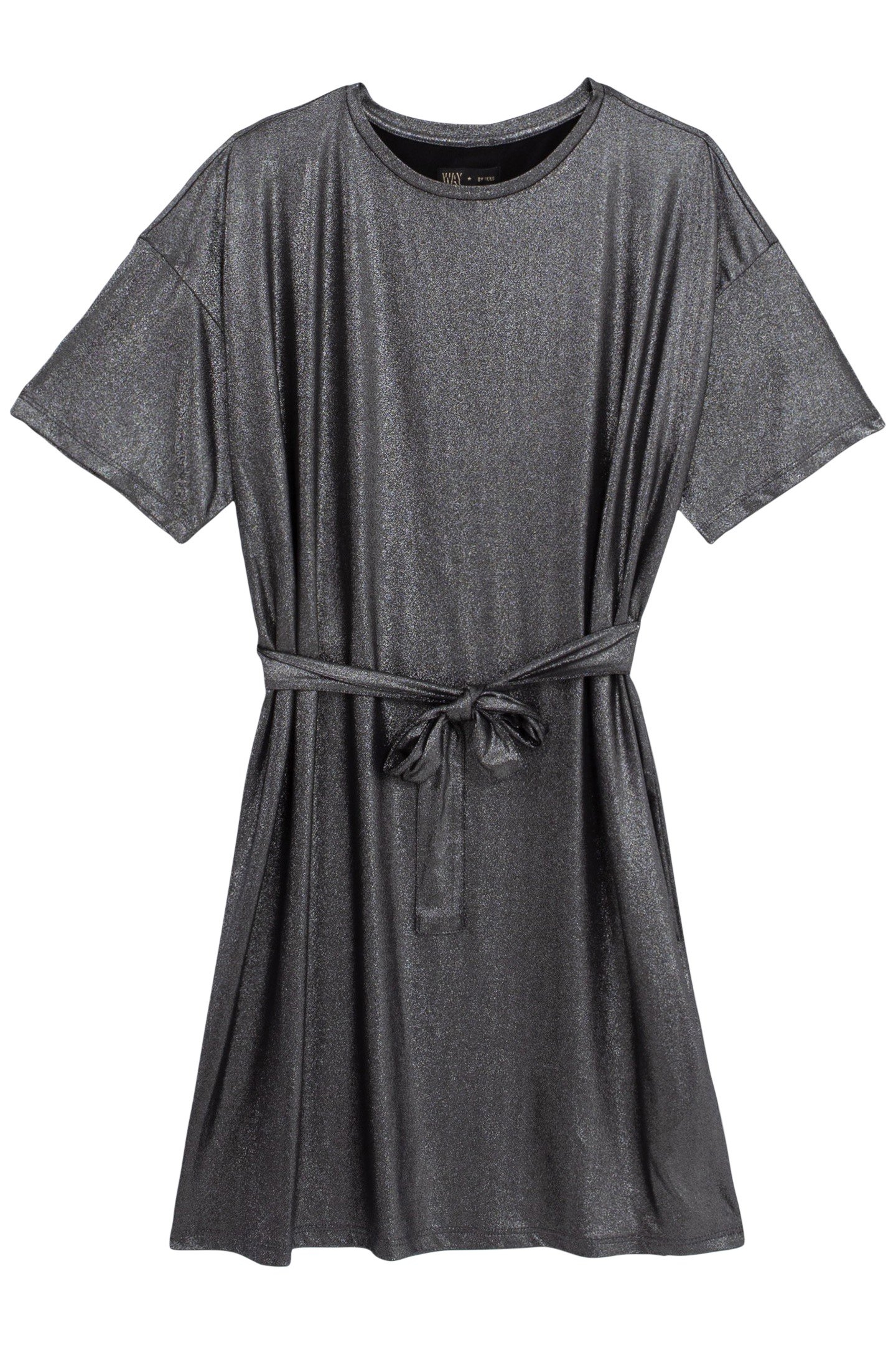GIRLS’ SILVER LAMÉ KNIT BELTED DRESS 1
