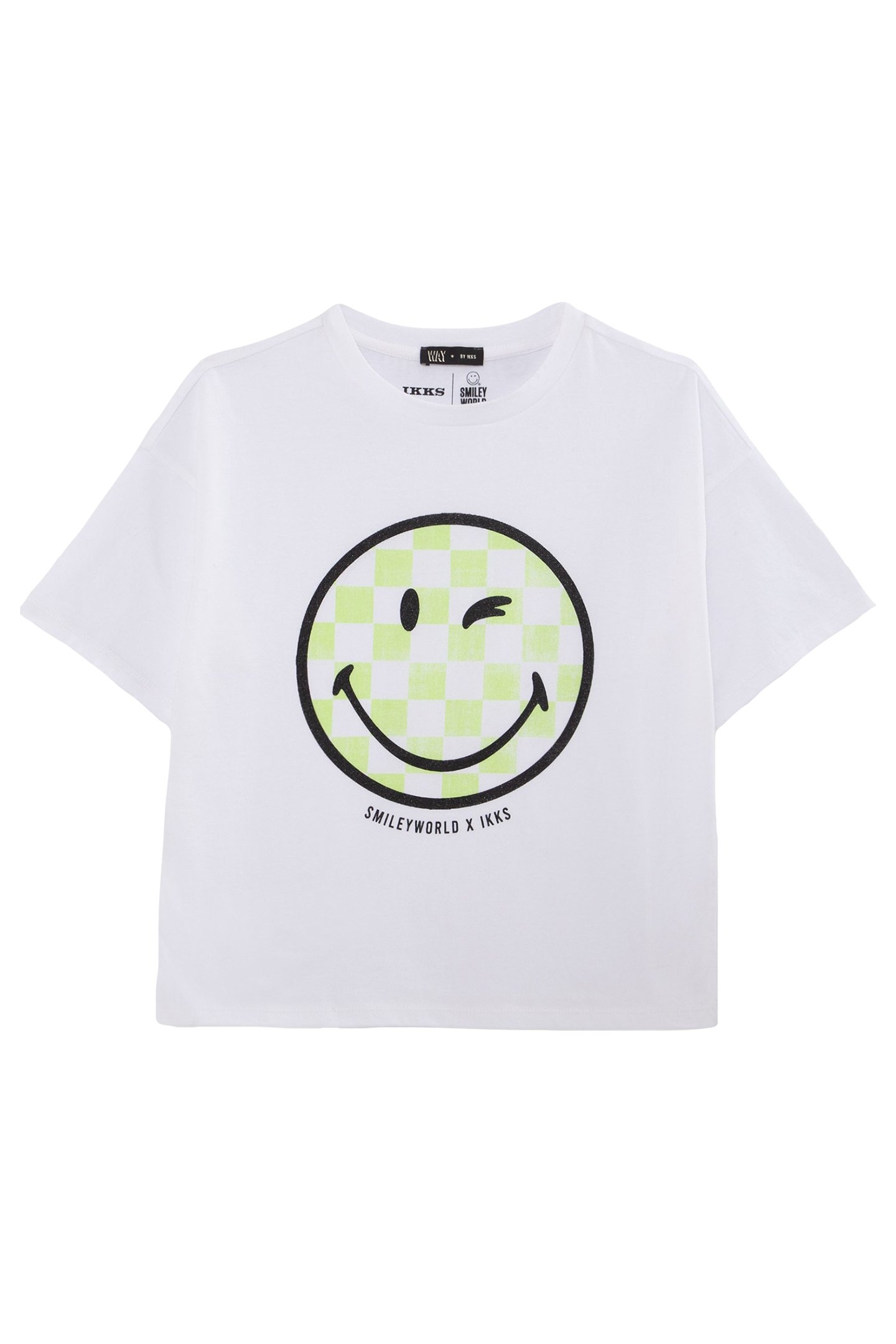 GIRLS’ WHITE T-SHIRT WITH GREEN SMILEYWORLD CHECKERBOARD IMA 1