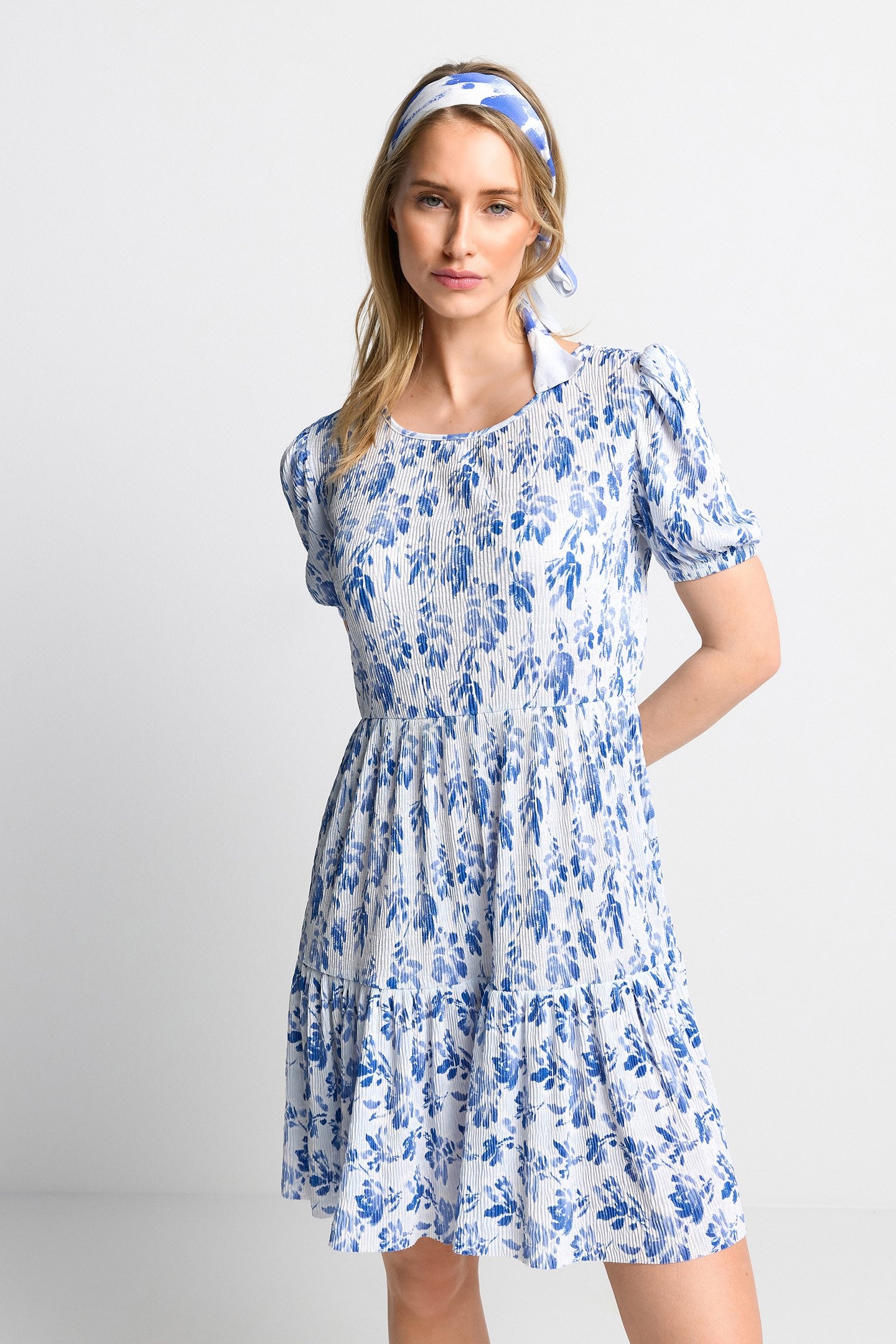 PRINTED CRINKLE DRESS RECYCLED COTTON BLUE 1