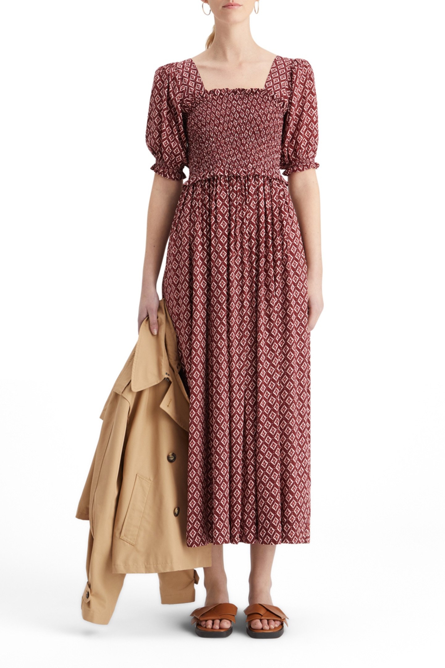 MAXI DRESS WITH SMOCK GEO FLOWER BORDEAUX 5